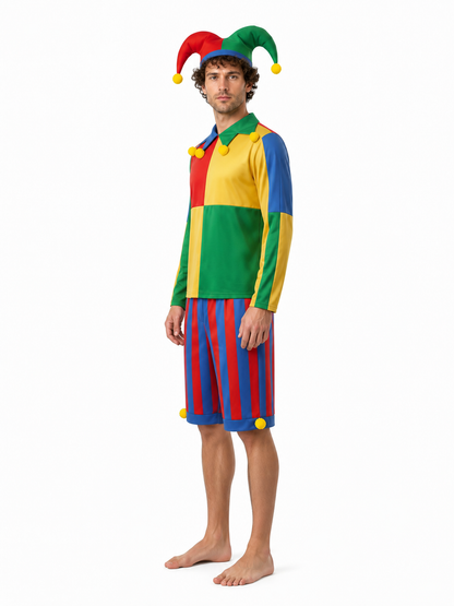 Clown Costume with Striped Shorts and Hat side view