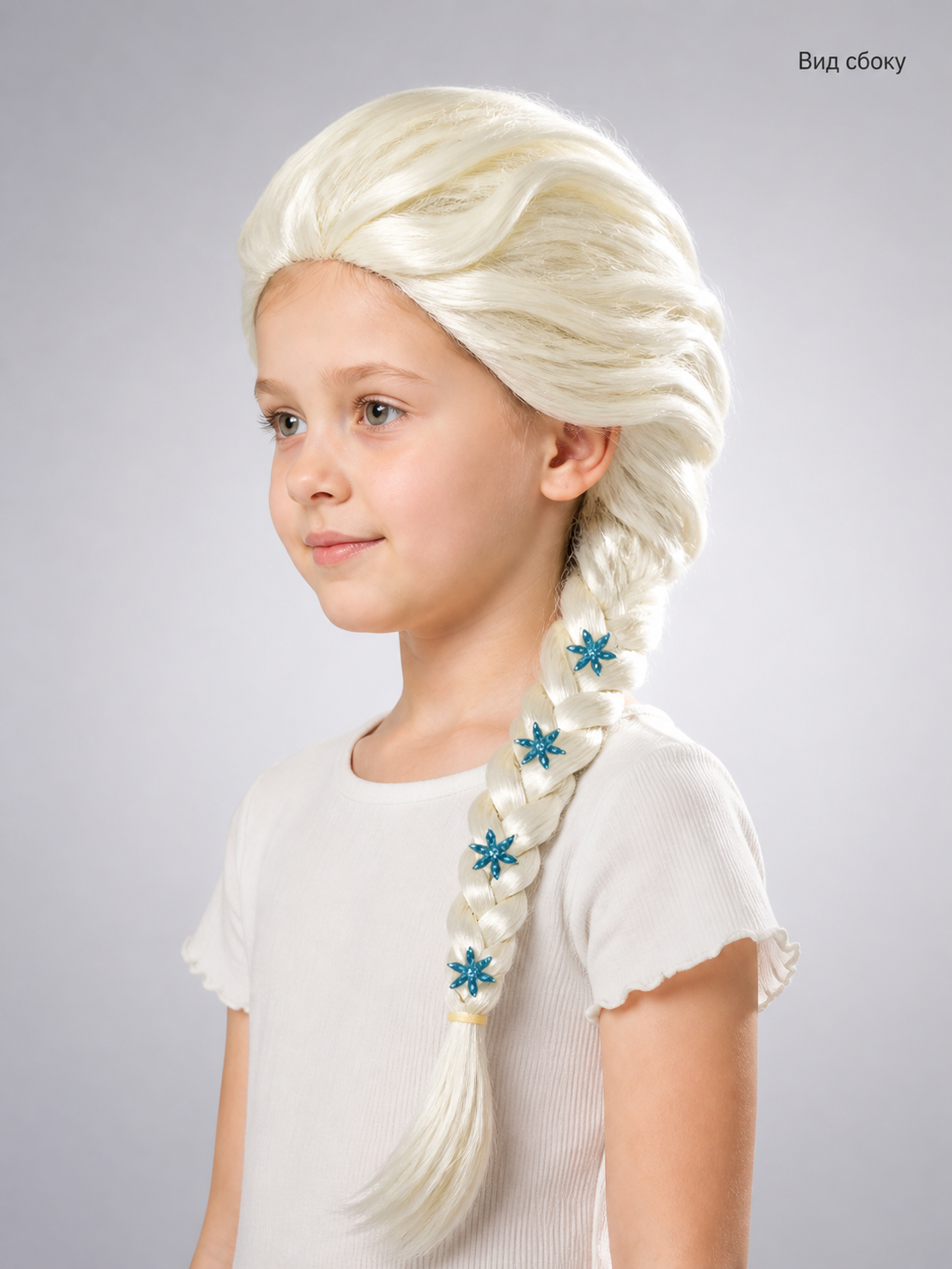 Carnival Wig, Light Gold with Blue Snowflakes side view