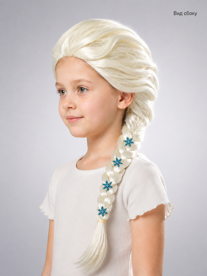 Carnival Wig, Light Gold with Blue Snowflakes side view