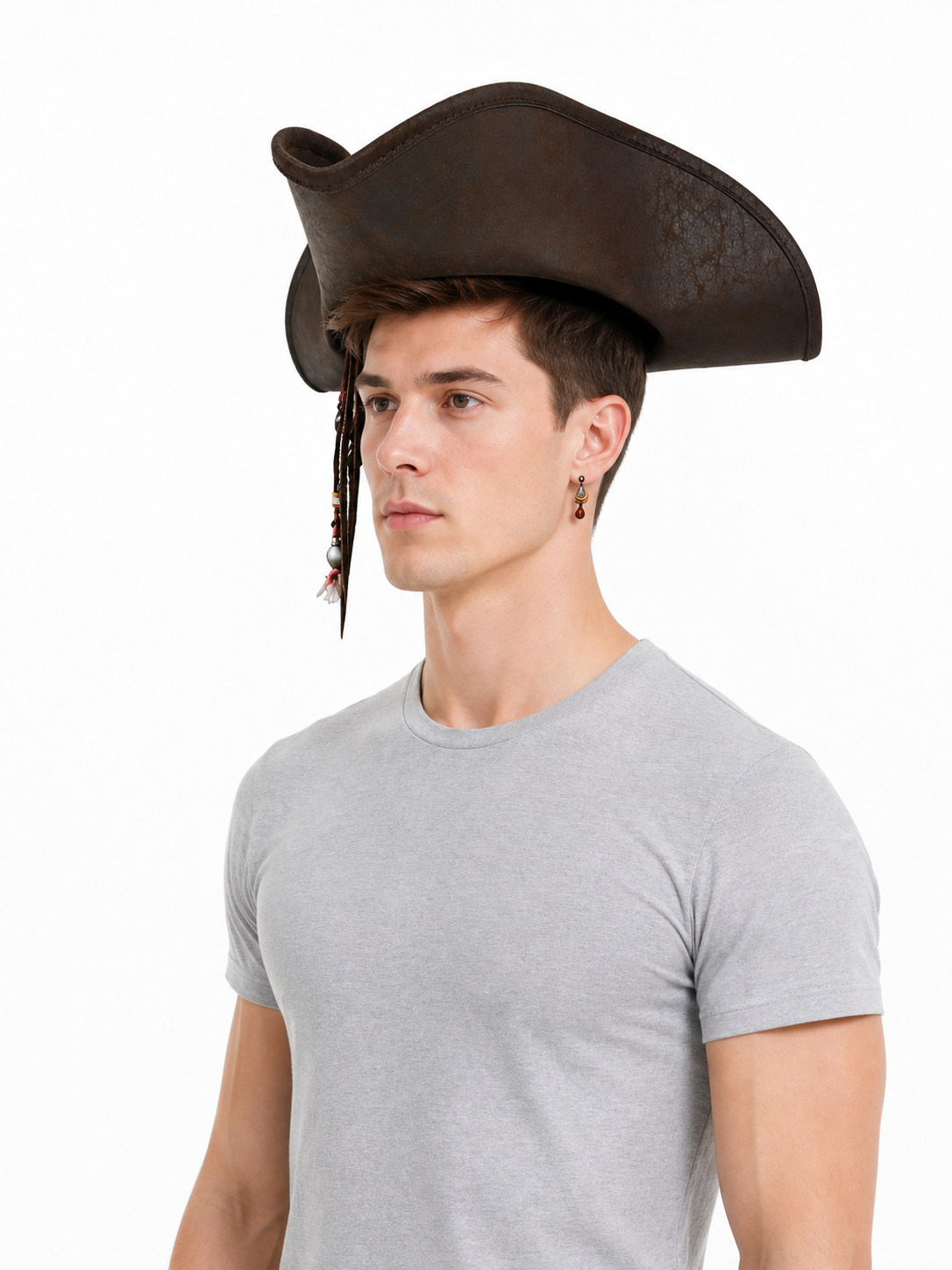 Dark Brown Tricorn Pirate Hat, Three-Cornered Structured Crown with Broad Curved Upturned Brim and Stitched Edging for Cosplay Costumes, Theatrical Performances and Fantasy Events