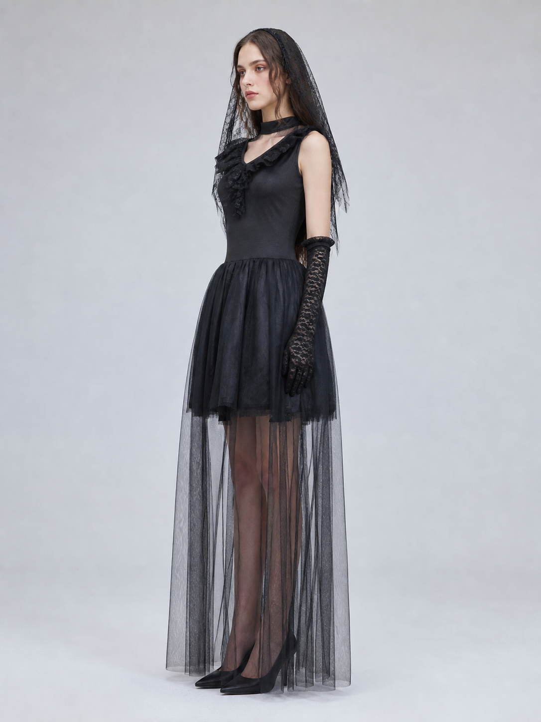 Black Gothic-Style Dress with Veil and Gloves side view