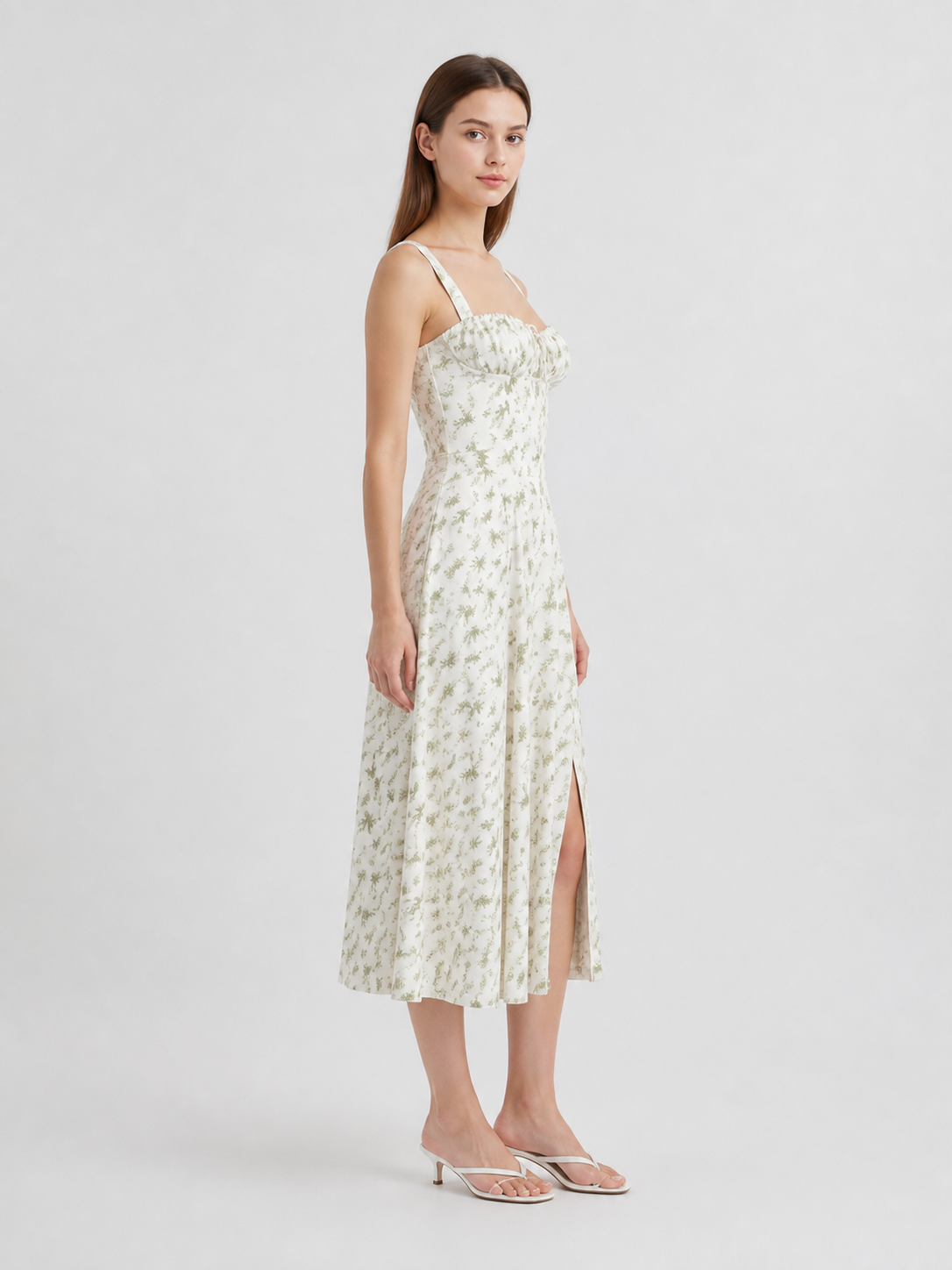 Midi Dress with Spaghetti Straps, Slit, and Floral Print side view