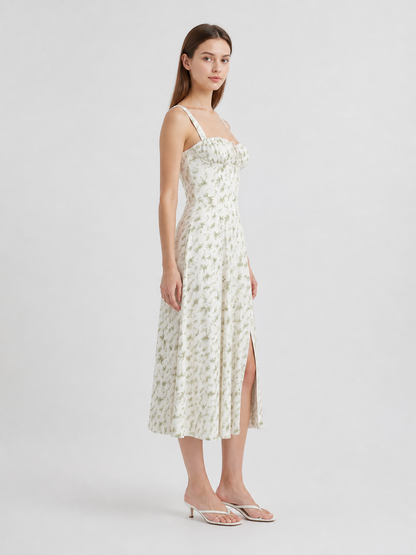 Midi Dress with Spaghetti Straps, Slit, and Floral Print side view