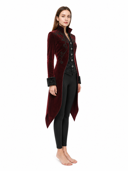 Vintage Burgundy Frock Coat with Embroidery and Buttons side view