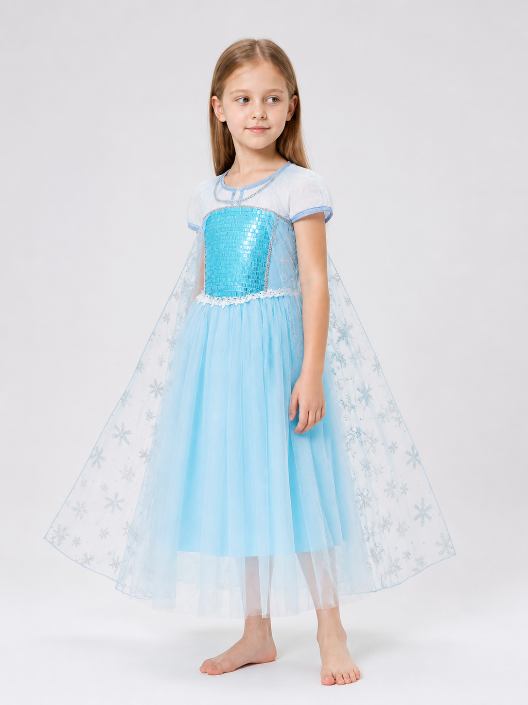 Light Blue Dress with White Cape, Snowflakes, and Sequins side view