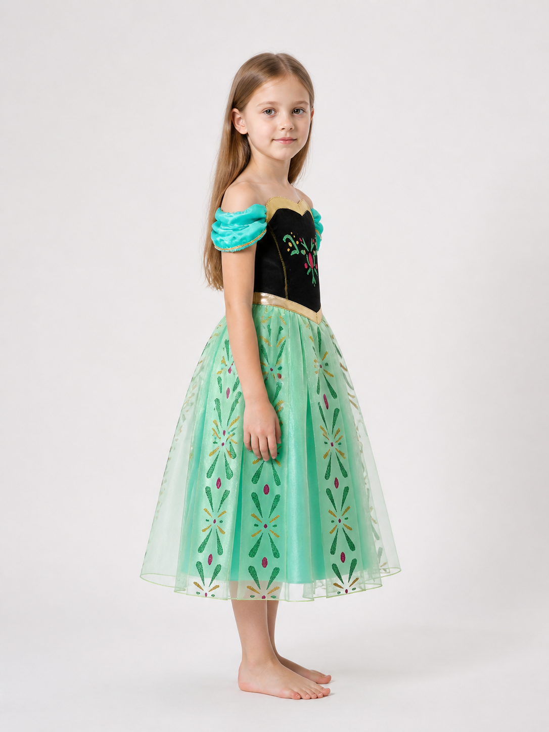 Princess Dress with Full Skirt and Puff Sleeves side view