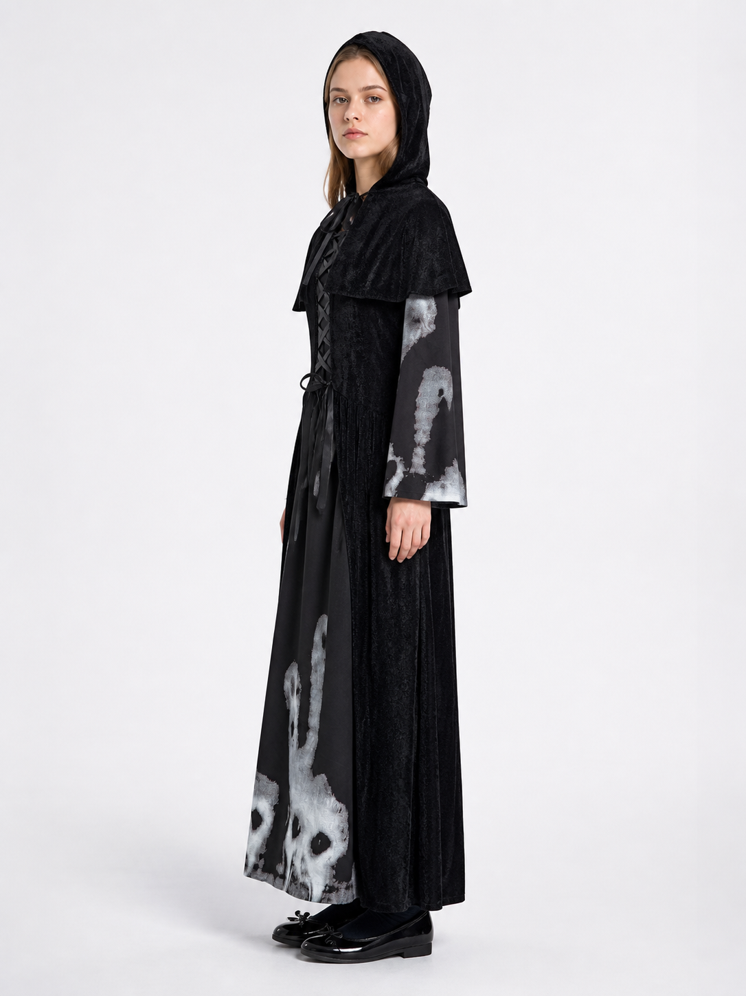 Witch Costume with Cape and Ghost Print side view