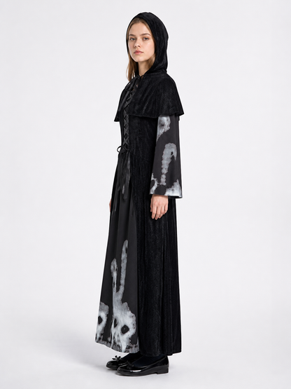 Witch Costume with Cape and Ghost Print side view
