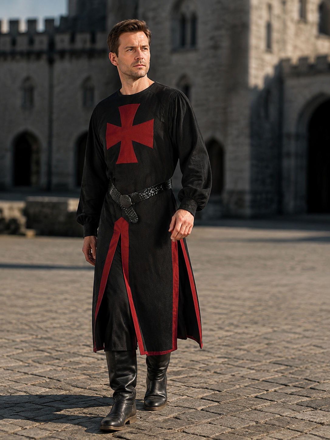 Medieval Long Robe with Red Cross for Cosplay side view