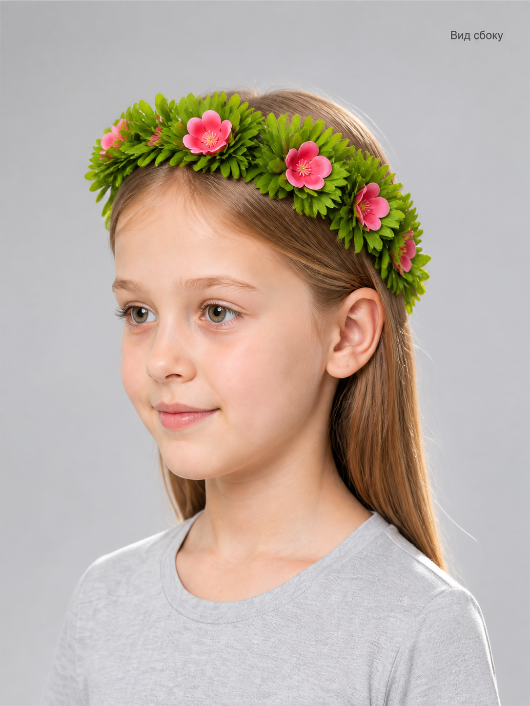 Carnival Headband with Pink Flowers and Green Leaves side view