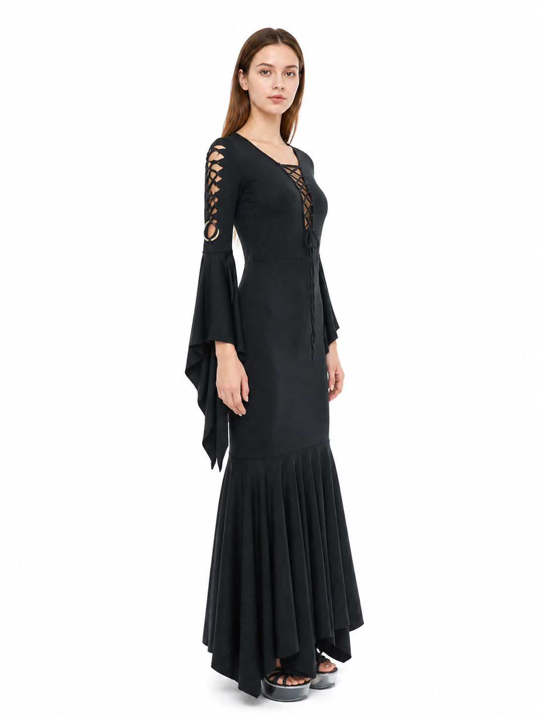 Long Black Gothic Lace-Up Dress side view