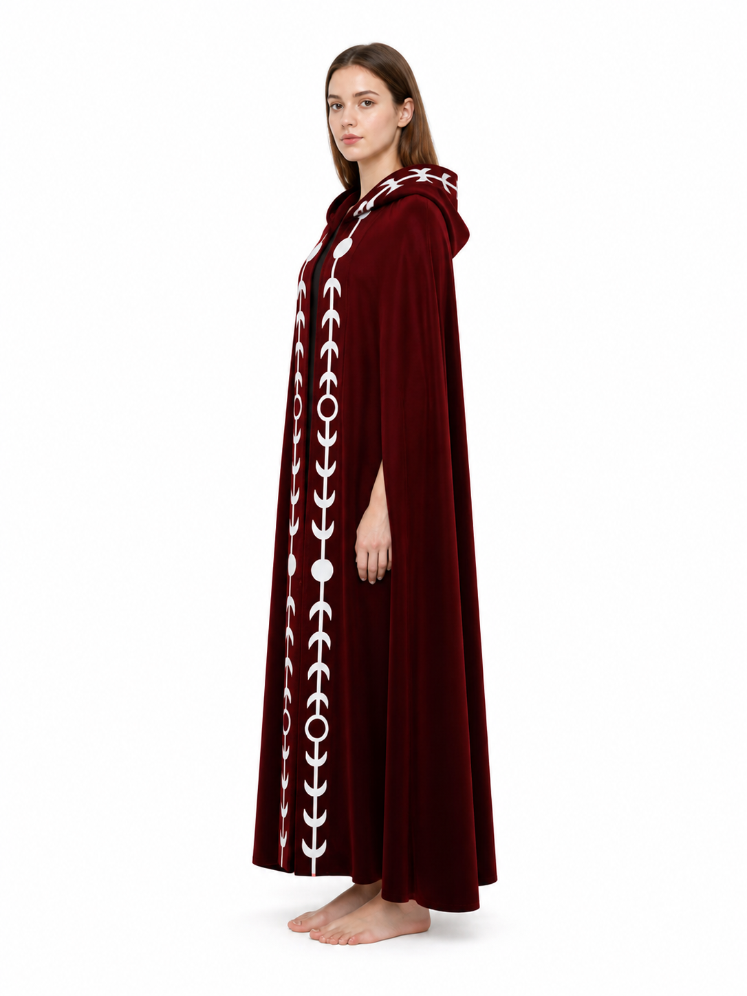 Long Hooded Cloak with White Trim for Cosplay side view