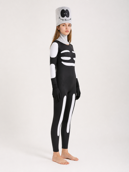 Halloween Skeleton Jumpsuit with Mask and Gloves side view
