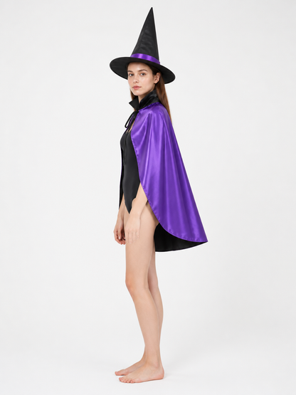 Witch Costume with a Pointed Hat and Purple Cape side view