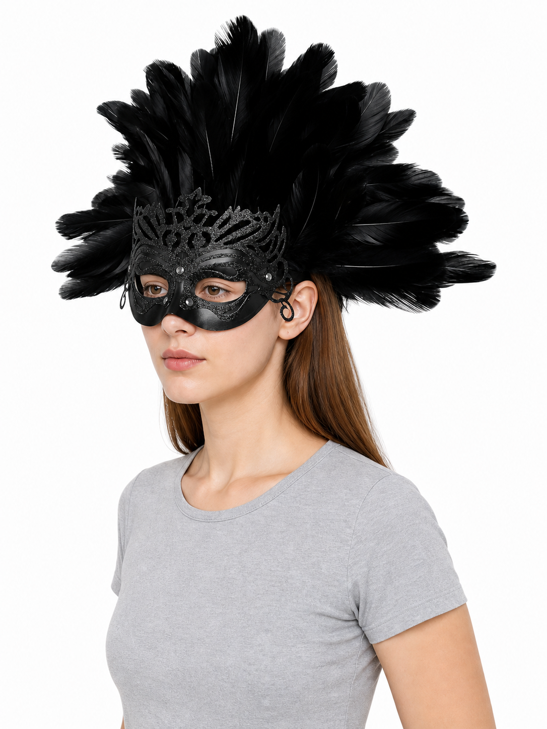 Carnival headpiece with black feathers and a mask
