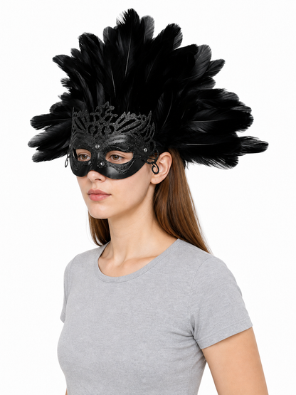 Carnival headpiece with black feathers and a mask