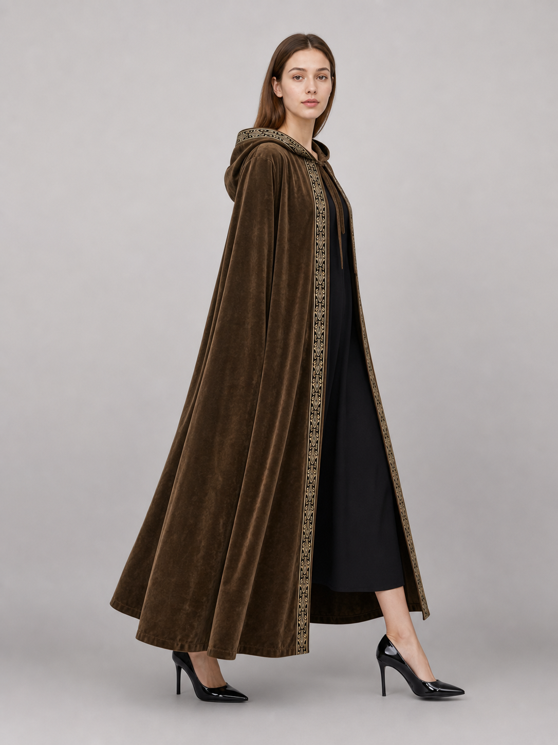 Long Hooded Robe, Brown, Loose Fit side view 3