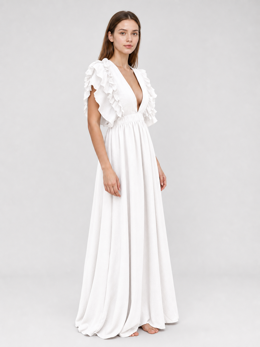 White Floor-Length Dress with a V-Neckline and Ruffled Sleeves