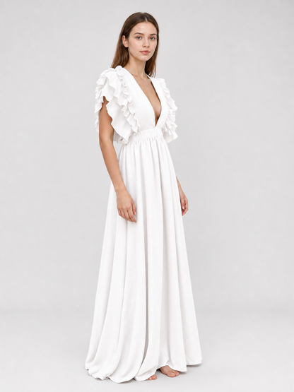 White Floor-Length Dress with a V-Neckline and Ruffled Sleeves