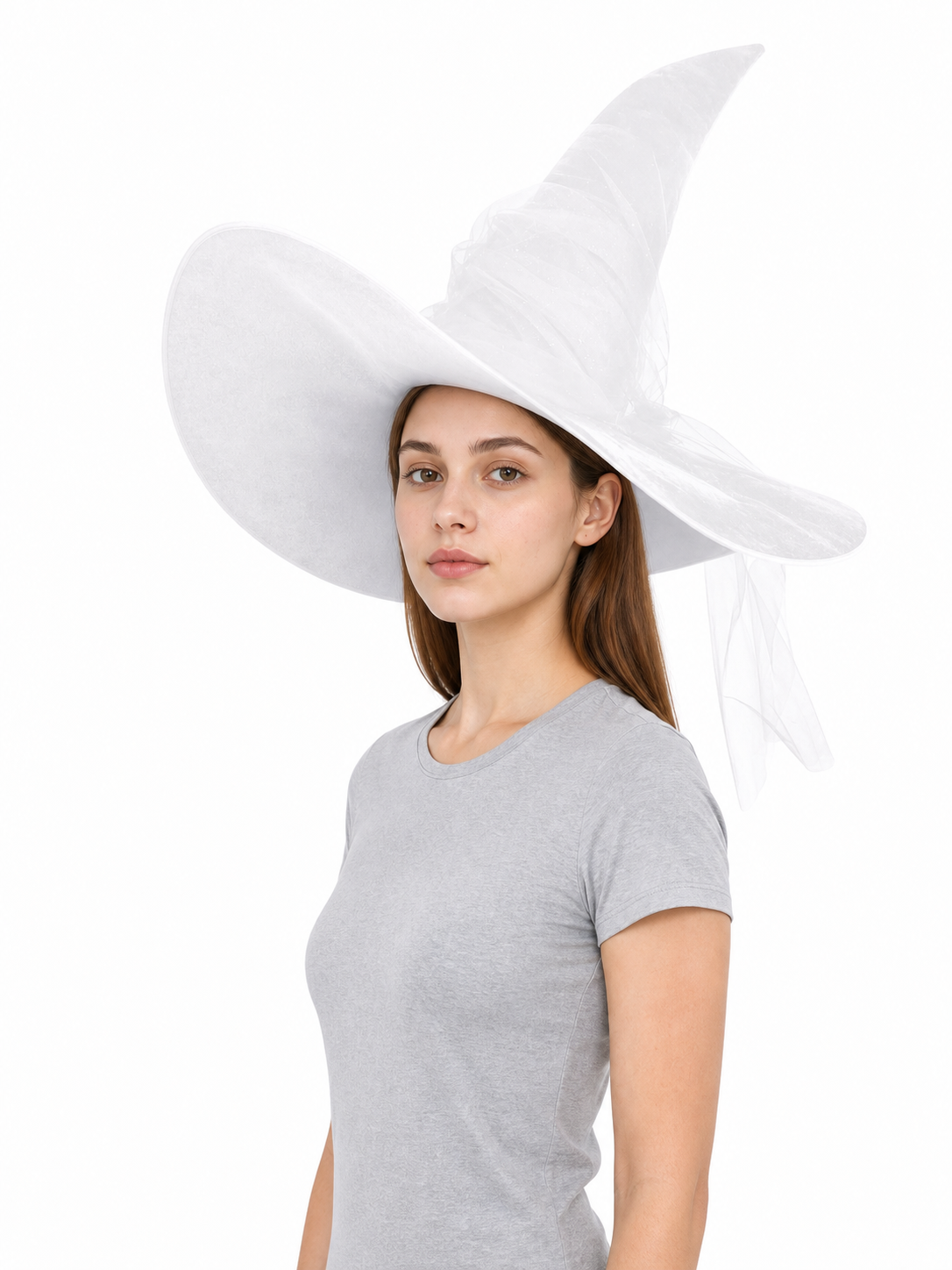 White Halloween Witch Hat With Wide Floppy Brim, Sheer Layered Fabric, Curved Pointed Crown And Trailing Veil For Cosplay Costume Party