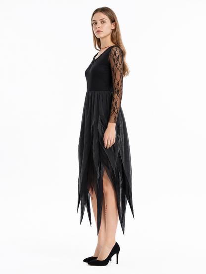 Long Black Gothic Dress with Ripped Hem side view