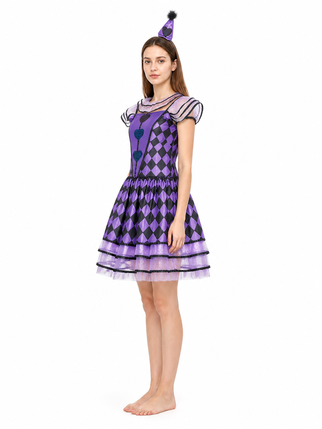 Clown Costume with Dress and Headband, Purple and Black side view