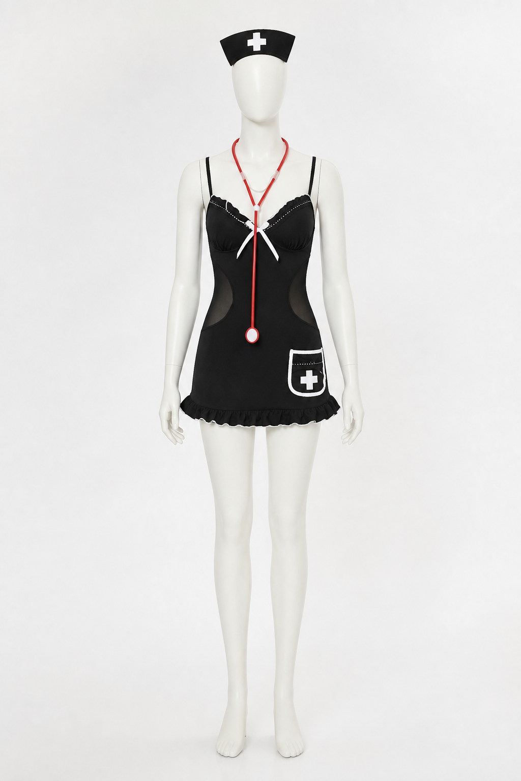 Short nurse costume with a bow and mesh panels on the sides side view