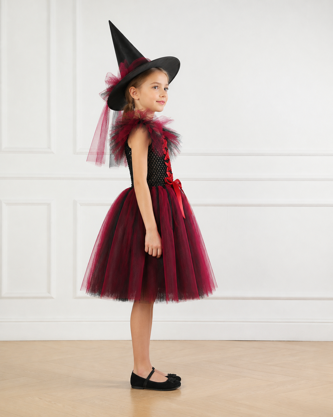 Black and Red Witch Costume with Full Skirt and Hat side view