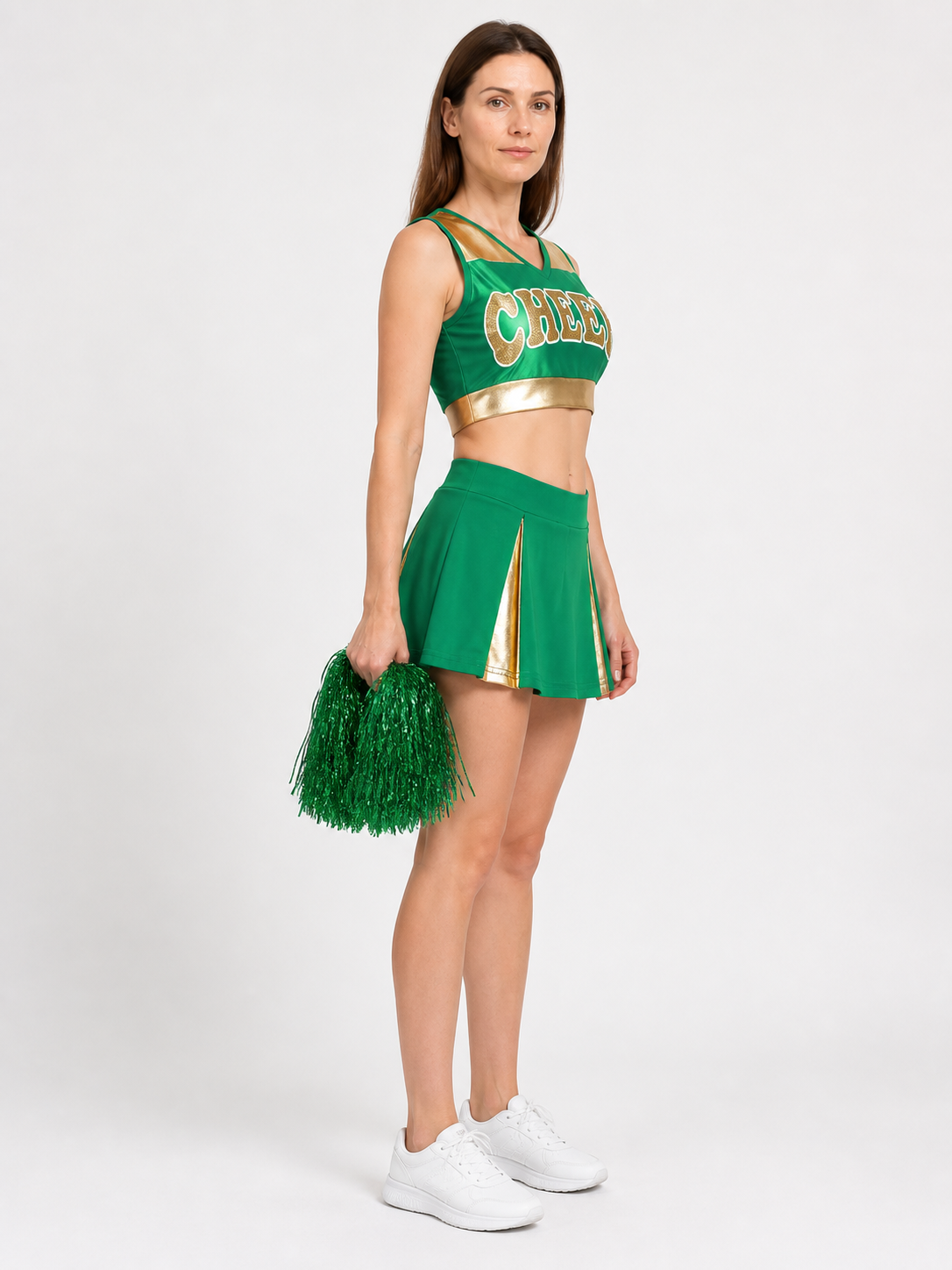 Green Cheerleading Outfit with Gold Accents and “Cheer” Lettering side view