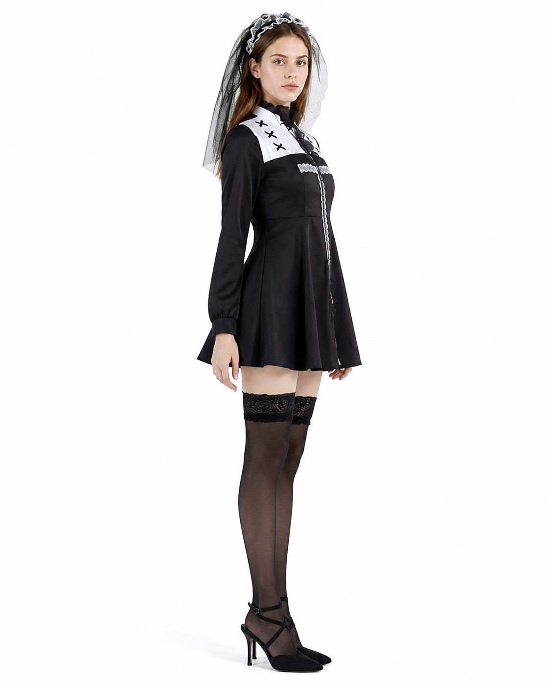 Black and White Stage Costume with Veil for Halloween