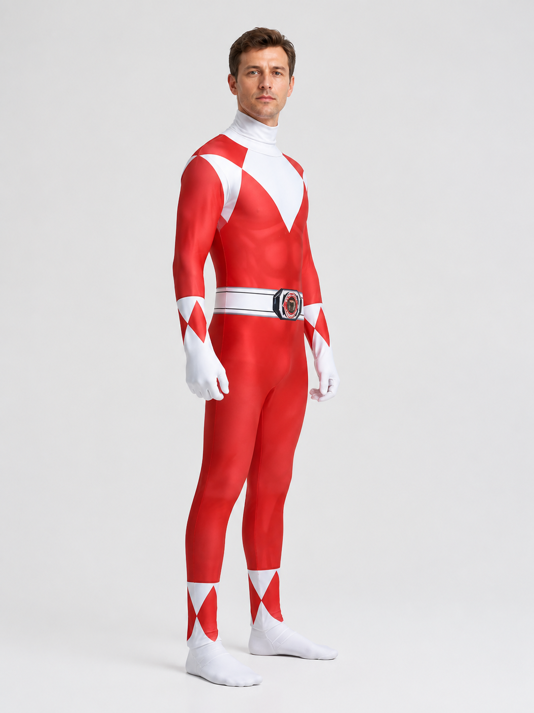 Red and White Superhero Jumpsuit with Mask side view
