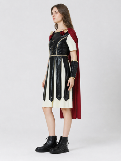 Retro-Style Dress with Red Cape