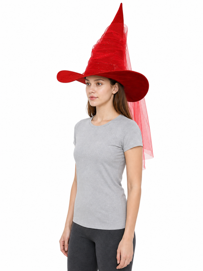 Red Halloween Witch Hat Tall Pointed Cone Wide Curved Brim Sheer Layered Glitter Speckled Costume Accessory for Parties and Photography