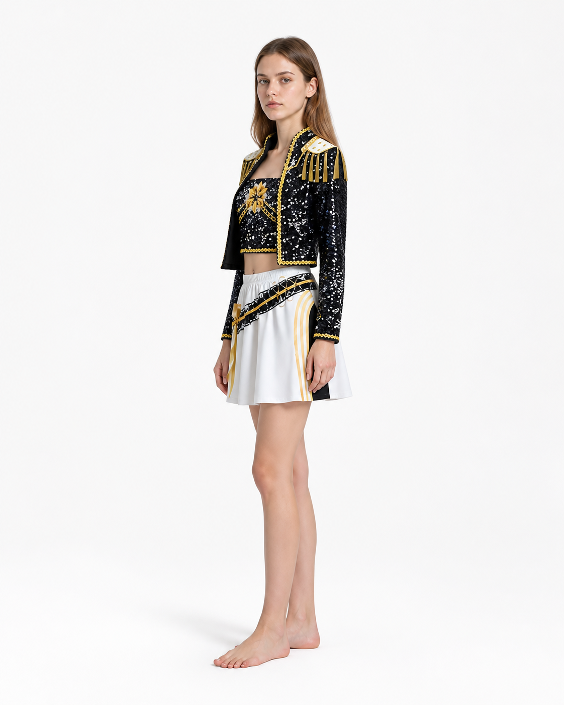 Sequin Stage Costume with Jacket, Top, and Skirt side view