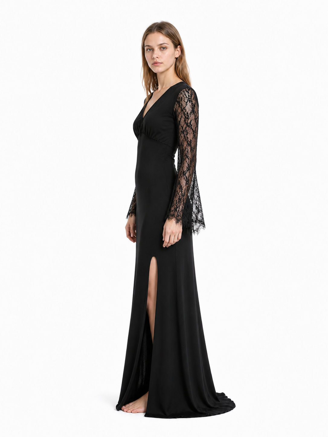 Black Dress with V-Neck and Lace Sleeves side view
