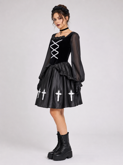 Gothic Dress with Gloves, Collar, and Headband