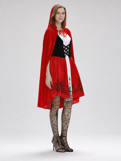Dress with Hooded Cape, Red-and-Black Look