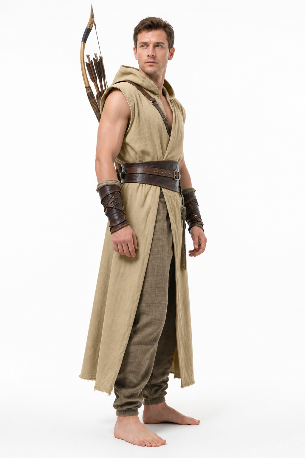 Khaki Sleeveless Medieval Hooded Cloak side view