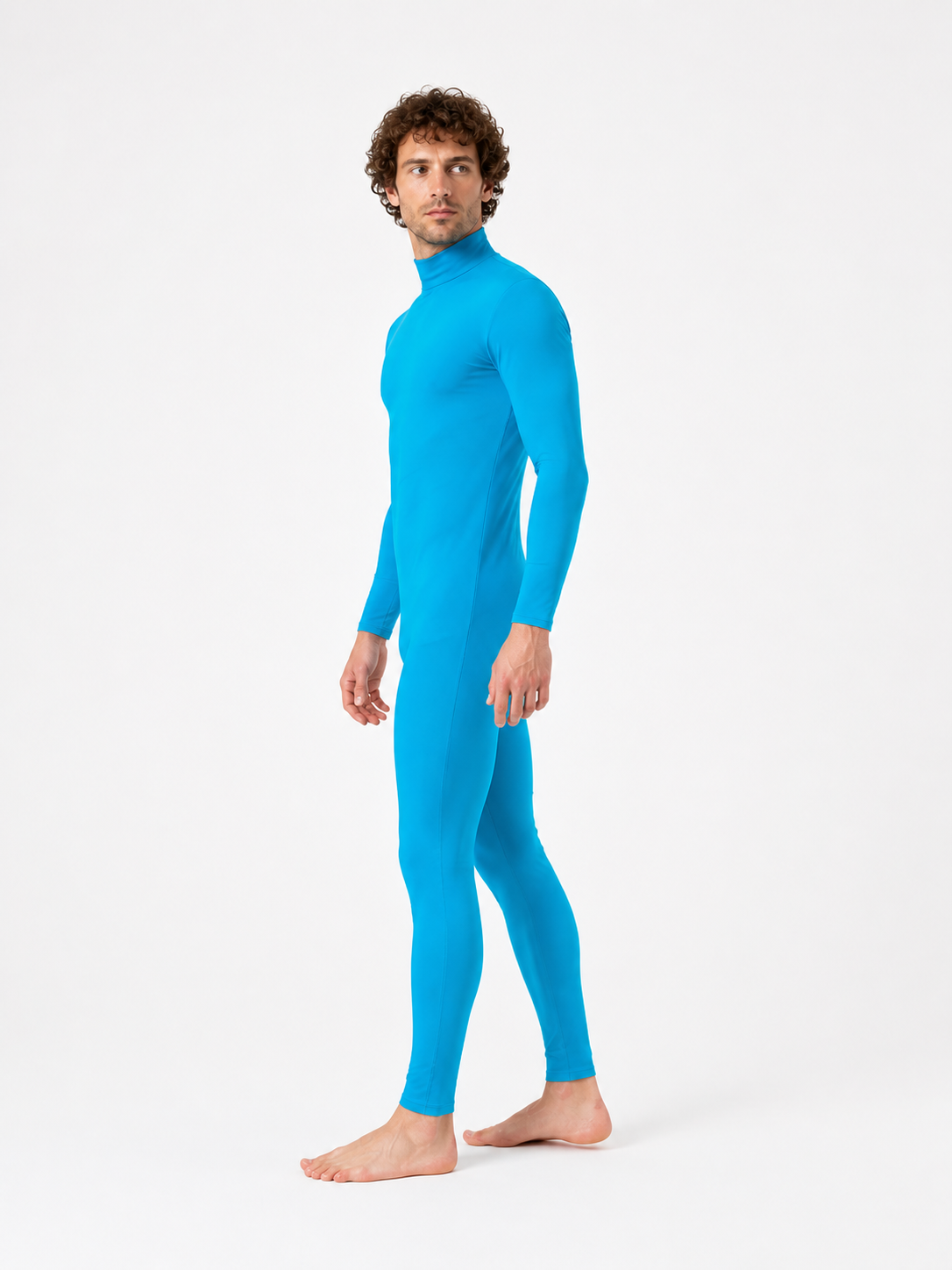 Blue Form-Fitting Jumpsuit with a High Collar side view