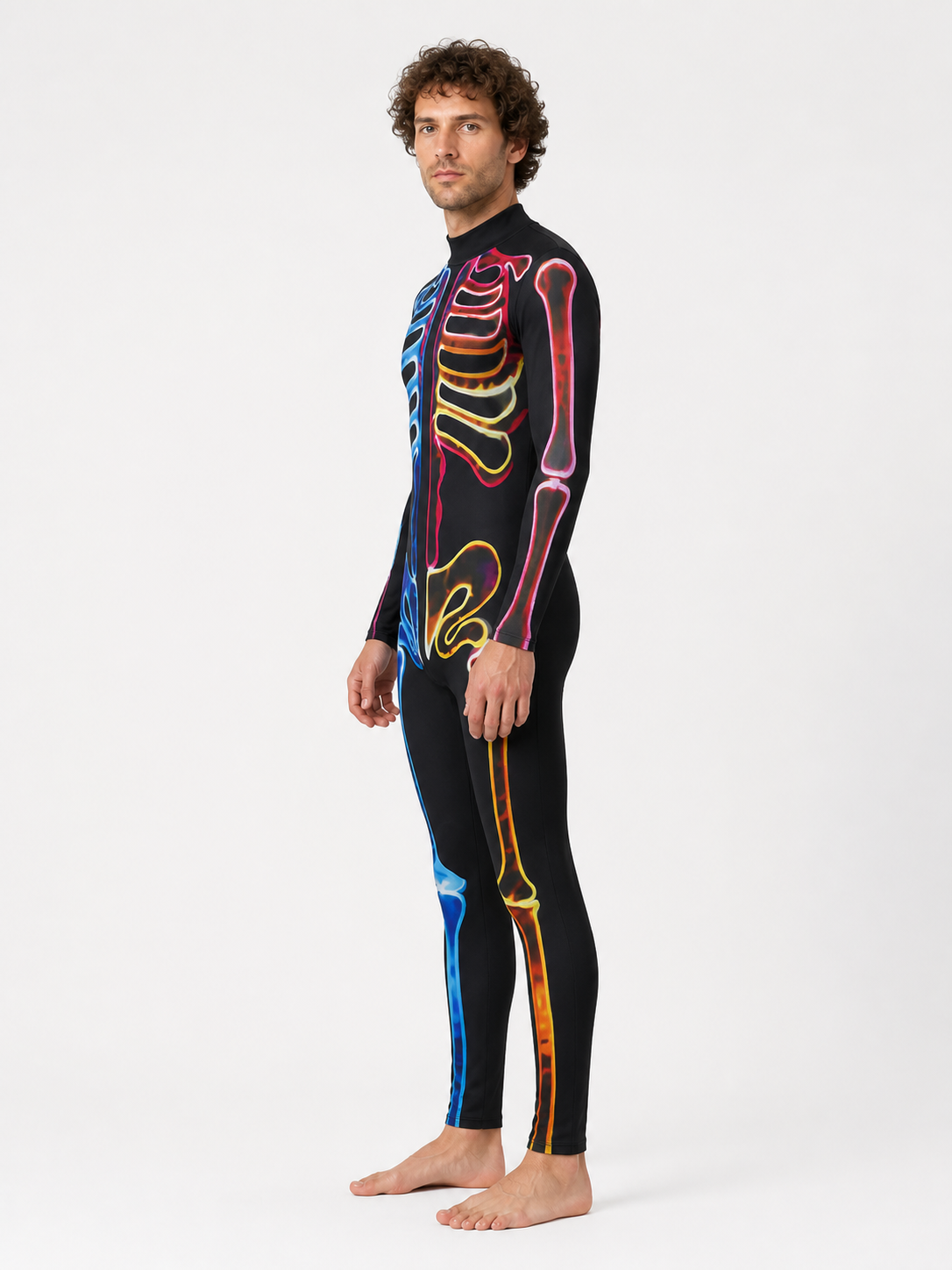 Skeleton Jumpsuit, Colorful Print, High Collar side view