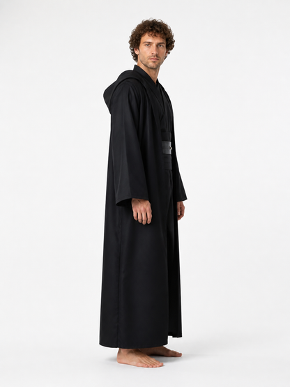 Black Long Hooded Robe with Belt side view