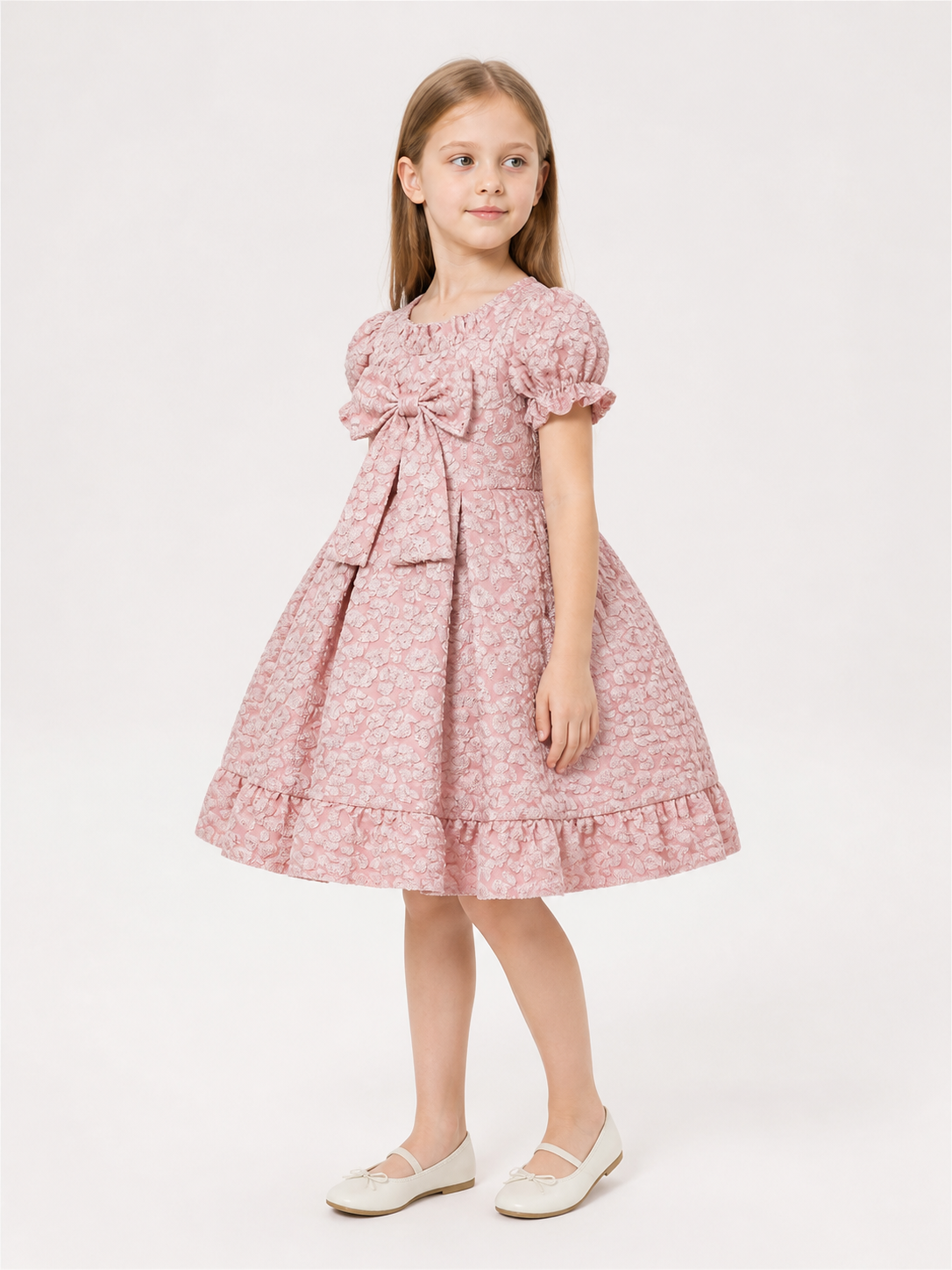 Pink Full Dress with Bow and Puff Sleeves side view