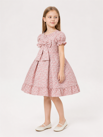 Pink Full Dress with Bow and Puff Sleeves side view