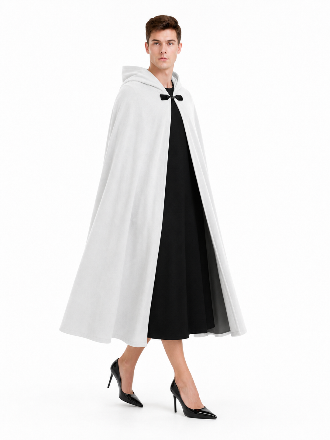 Medieval White Velvet Hooded Long Cloak Cape with Black Bow Tie Front Flared Hem side view 3