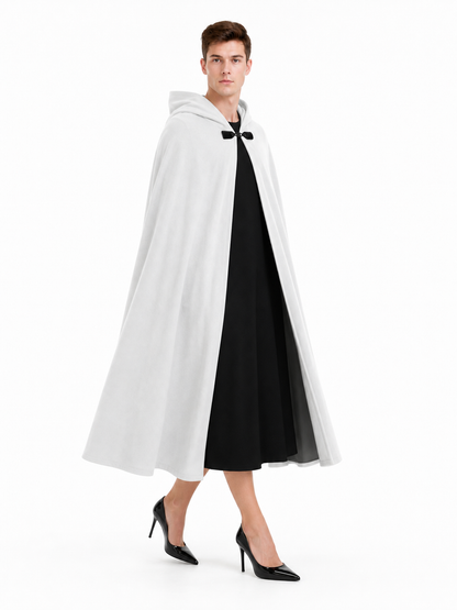 Medieval White Velvet Hooded Long Cloak Cape with Black Bow Tie Front Flared Hem side view 3