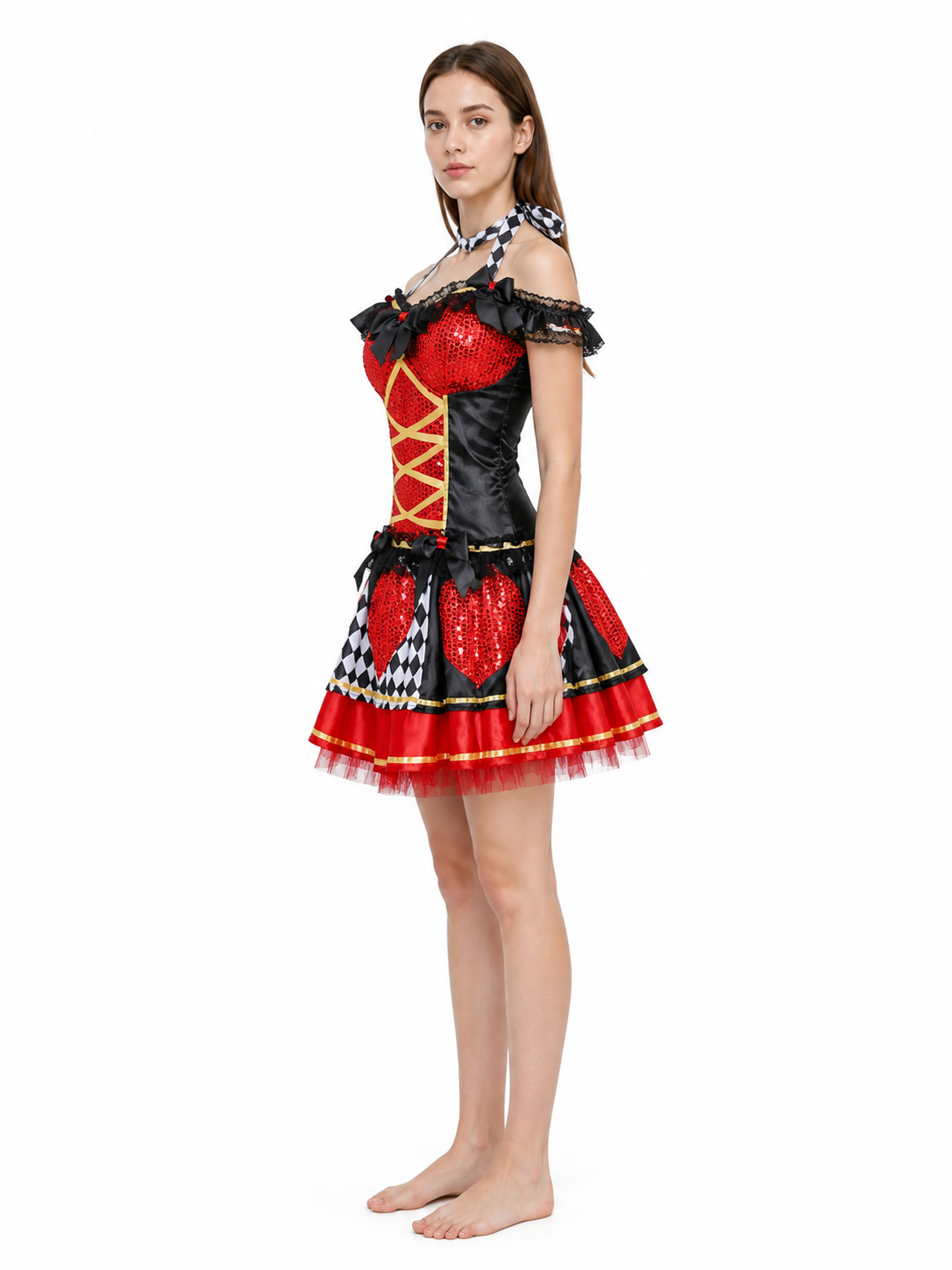 Clown Costume with a Full Skirt and Bow on the Straps side view