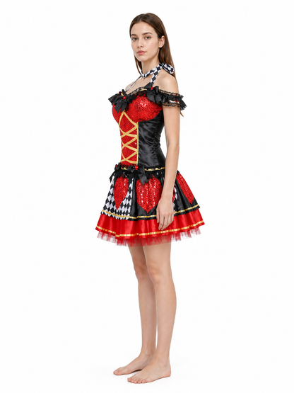 Clown Costume with a Full Skirt and Bow on the Straps side view