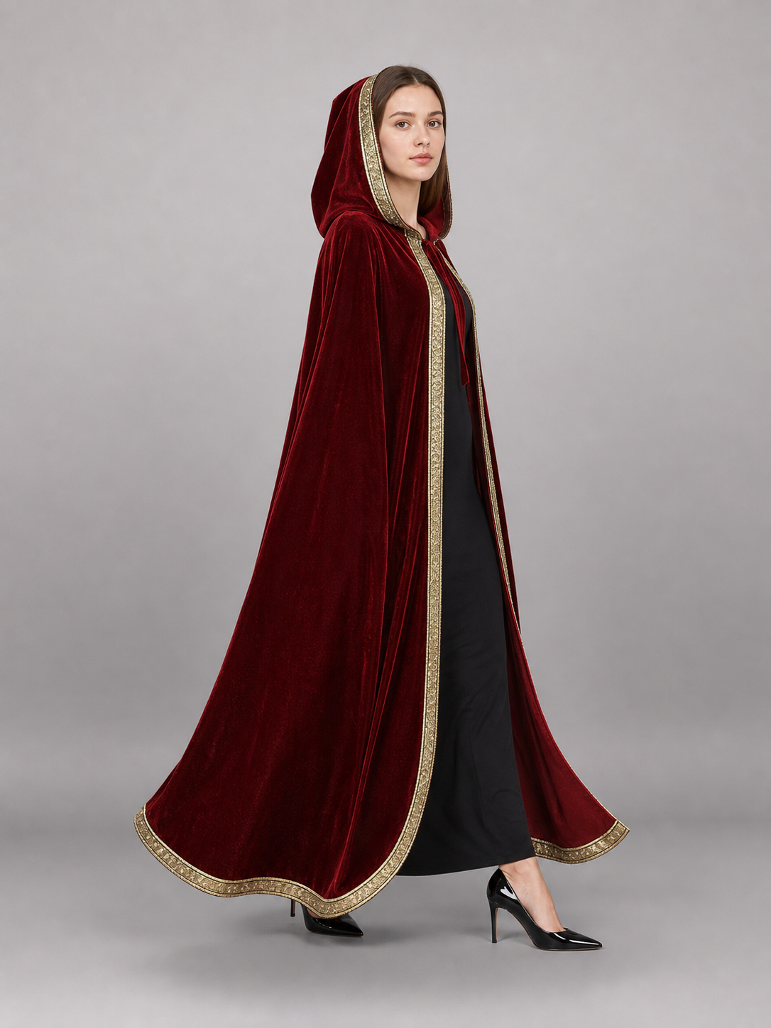 Burgundy carnival cape with hood and gold trim