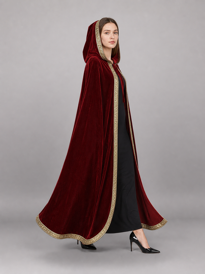 Burgundy carnival cape with hood and gold trim
