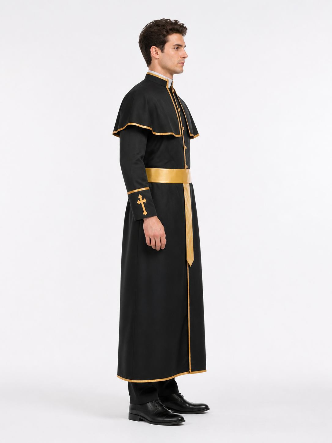 Carnival Costume: Black Robe with a Gold Cross side view